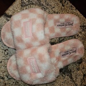 Juicy Couture Pink and White Faux Fur Checkered Slippers